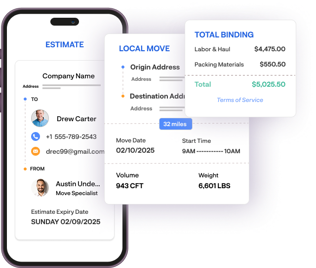 Mobile-friendly estimate preview showing job details, move distance, and total binding price